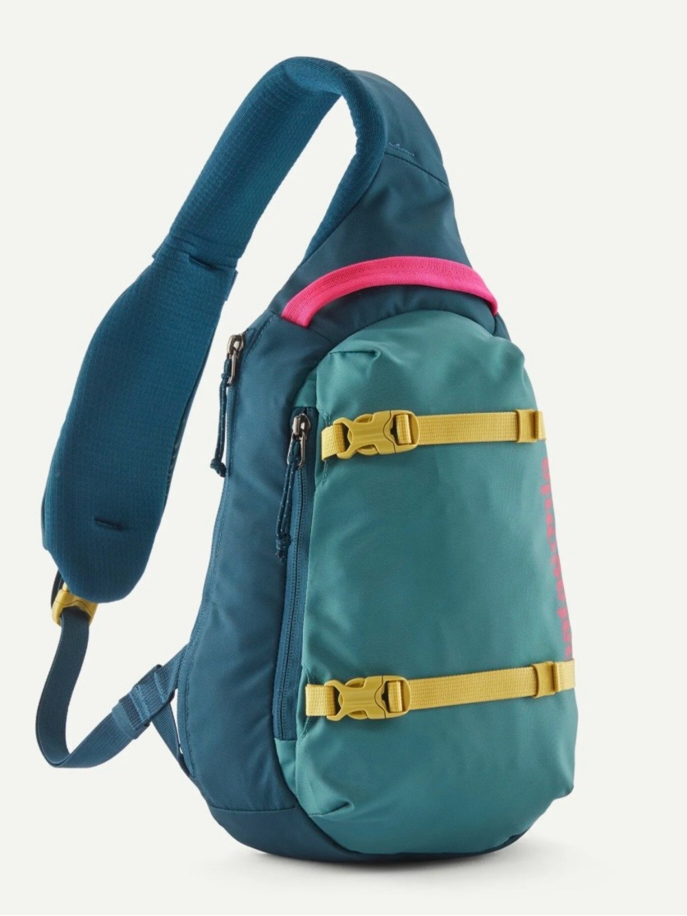 Patagonia Green Sling Bag with Yellow Straps and Pink Accent